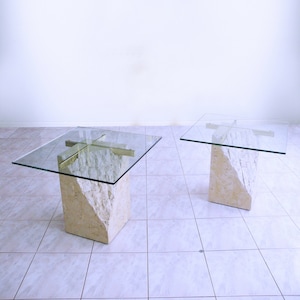 set of 2 post modern TESSELLATED STONE & BRASS side tables by jdi