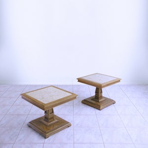 HOLLYWOOD REGENCY marble top end tables BAKER style mid century accent tables on empire pedestal base - Shipping Included