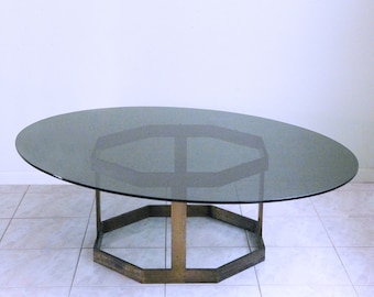 mid century modern MILO BAUGHMAN style BRASS octagonal coffee table w/ smoked glass - Shipping Included