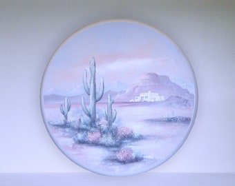 unusual 80s PASTEL GOTH SOUTHWEST oil painting desert scene on round canvas - Shipping Included