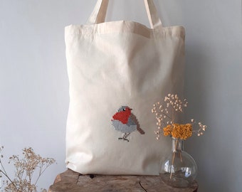 Robin Cross Stitch Cotton Bag / Jute Bag • Robin •