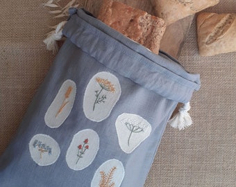 Embroidered sustainable linen storage/bread bag with flowers