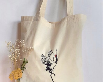 Adorable Embroidered Cotton Bag / Jute Bag • Crane •