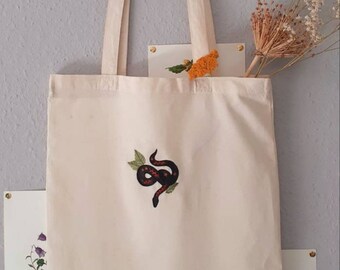 Hand-painted and embroidered jute bag • into the garden •