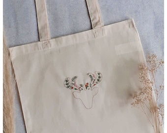 embroidered cotton bag / jute bag • deer with the floral antlers •