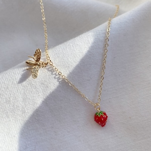 Tiny Strawberry and Bee necklace, 14 k GOLD PLATED , Spring vibes Jewelry, Red Strawberry, little duck pendant , duck jewellery