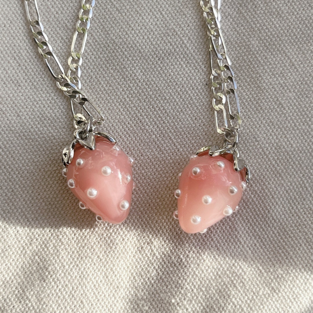 Pink Strawberry Necklace, Strawberry Pendant, Silver Sterling Necklace