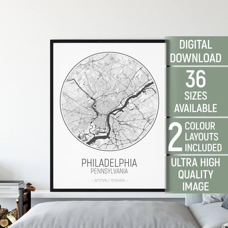 Printable Map Circle Map Pennsylvania Map Print Philadelphia Coworker Quick Gift City Road Map Print Modern Wall Art Home Office Decor