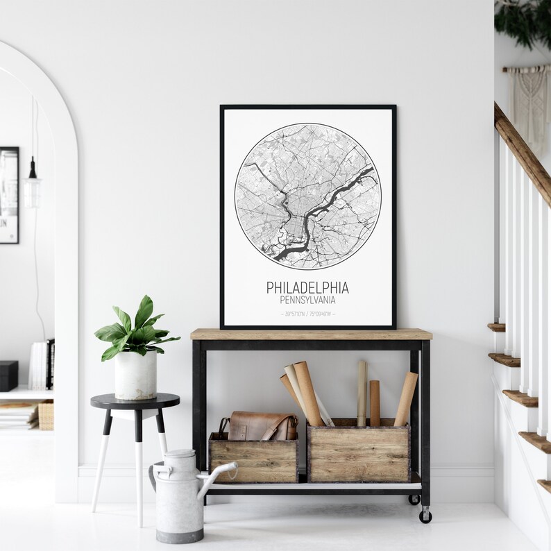 Printable Map Circle Map Pennsylvania Map Print Philadelphia Coworker Quick Gift City Road Map Print Modern Wall Art Home Office Decor