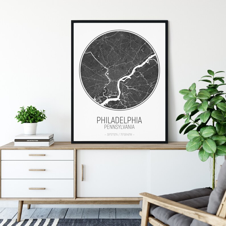Printable Map Circle Map Pennsylvania Map Print Philadelphia Coworker Quick Gift City Road Map Print Modern Wall Art Home Office Decor