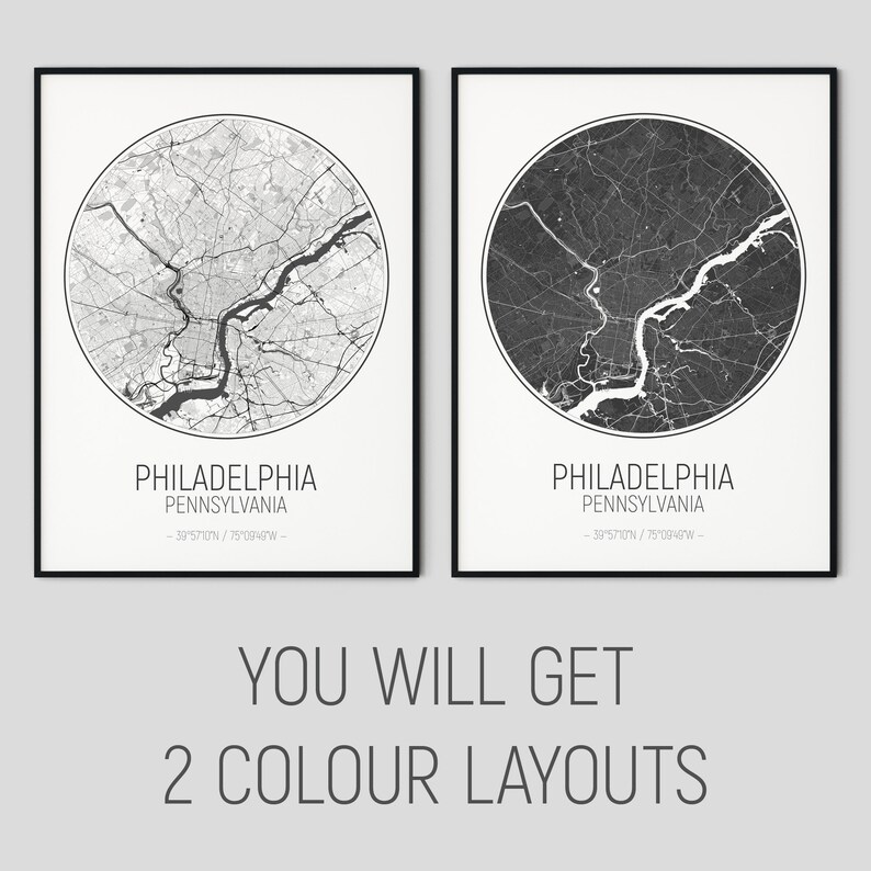 Printable Map Circle Map Pennsylvania Map Print Philadelphia Coworker Quick Gift City Road Map Print Modern Wall Art Home Office Decor