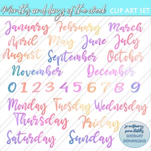 Months of the year  and days of the week clip art set, word art clip art, digital words, calendar planner, stickers, stamps, png