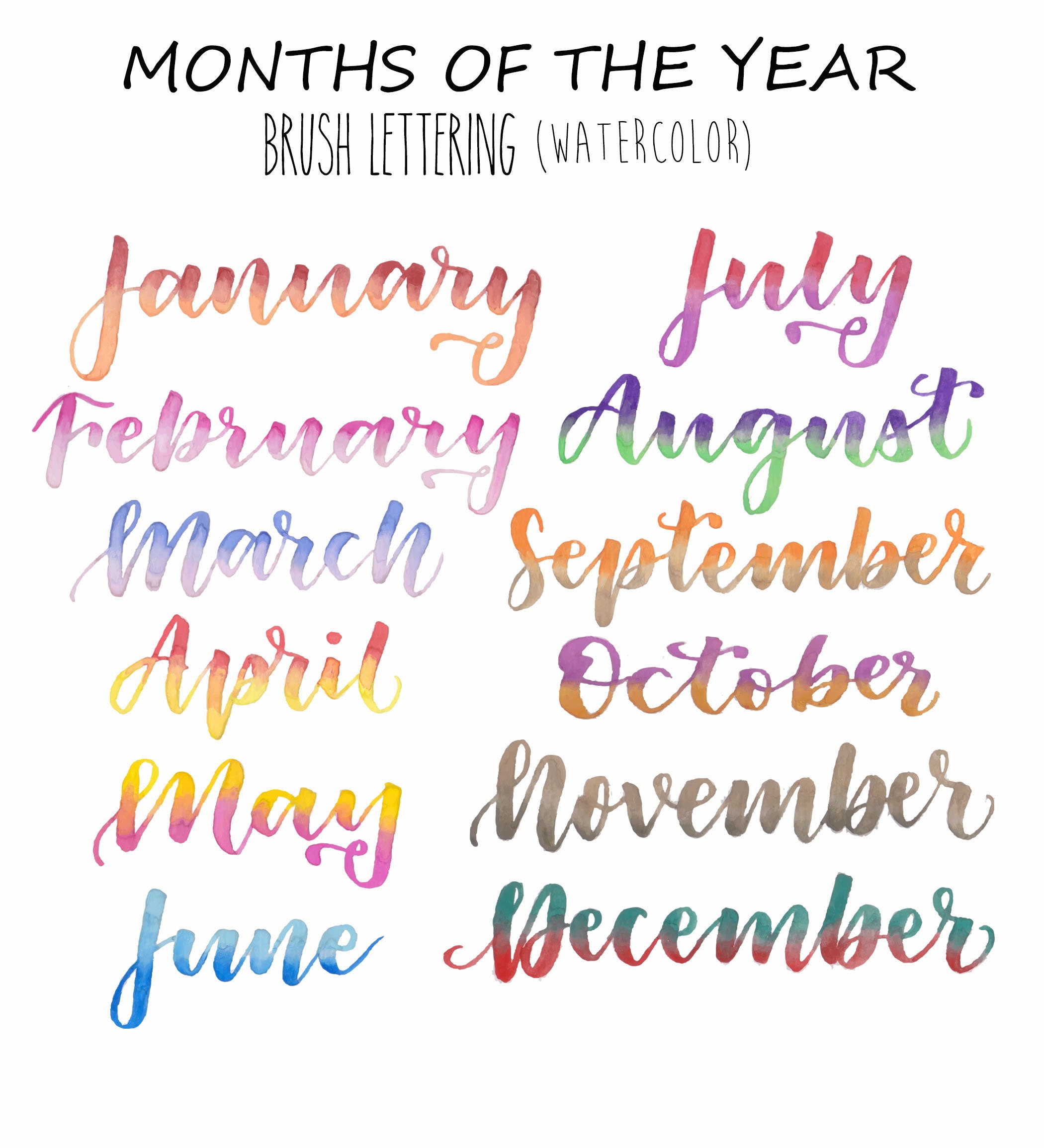 Months of the Year Clip Art Set, Word Art Clip Art, Brush Letterings, Days of the Week, Digital