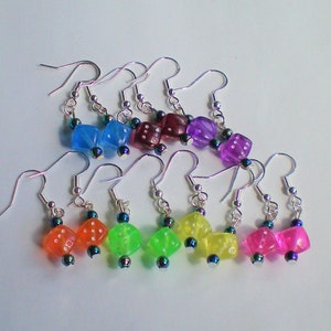 Dice earrings in a variety of bright colours, geeky earrings, nerd jewelry, board games, gamer gift, gamer girl, geek gift for her, rainbow