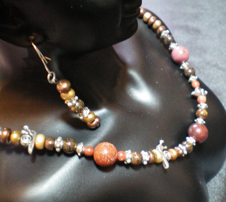 Mookaite GIFT for her unique jewellery set memory wire bracelet Boho jewellery strange jewelry Bronzite Snail necklace set Goldstone