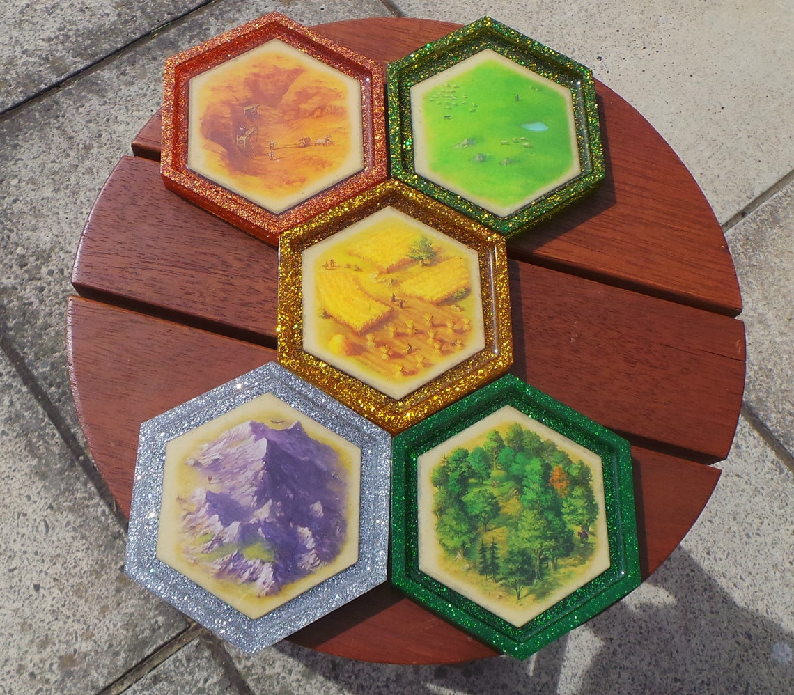 Set of 5 Custom Settlers of Catan board game coasters hexagon Etsy