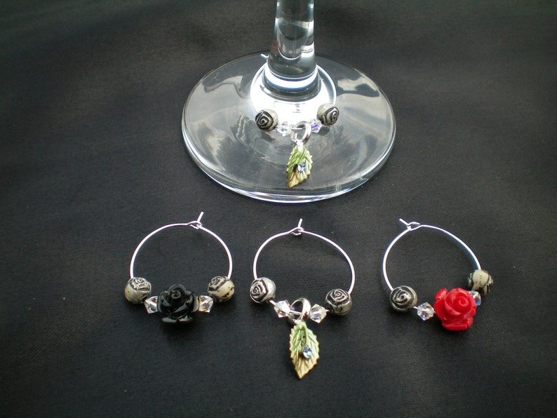 Rose wine glass charms Swarovski crystal glass charms Set