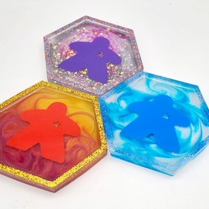 CUSTOM MEEPLE COASTER or dice tray with resin ink swirls// Geeky Boargamer gift, Nerdy gift for him or her, Board Game Geek Accessories,