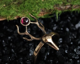 Bronze Deer Antler Ring with Natural Stone, Forest Jewelry