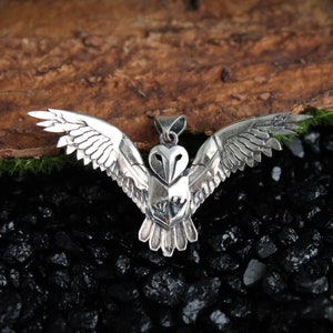 May include: A silver-colored owl pendant with outstretched wings. The pendant is detailed with feathers and a heart-shaped face. The owl is centered against a dark background with a wooden texture.