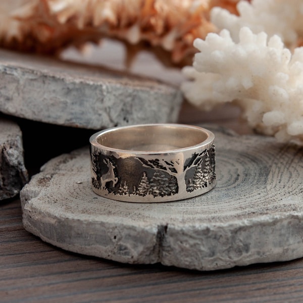 Northern forest ring, deer ring, night in the forest, viking art, animal ring, nature ring, sterling silver, brass, withcy ring