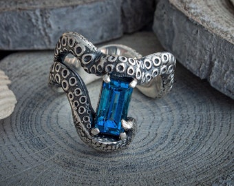 Silver octopus ring, wave ring with natural stones, tentacle ring, squid ring, ocean ring, sea ring