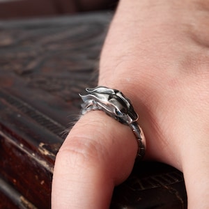 Puede incluir: Anillo plateado con dise&ntilde;o de cabeza de drag&oacute;n. El anillo se lleva en un dedo, mostrando los detalles de las escamas y rasgos faciales del drag&oacute;n. Un accesorio de tem&aacute;tica fant&aacute;stica.