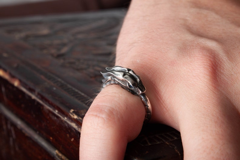Puede incluir: Anillo plateado con dise&ntilde;o de cabeza de drag&oacute;n. El anillo se lleva en un dedo, mostrando los detalles de las escamas y rasgos faciales del drag&oacute;n. Un accesorio de tem&aacute;tica fant&aacute;stica.