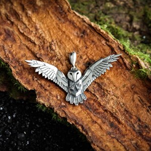 May include: A silver owl pendant with outstretched wings. The pendant is detailed with feathers and a textured surface. The owl is centered on a piece of brown wood with green moss.
