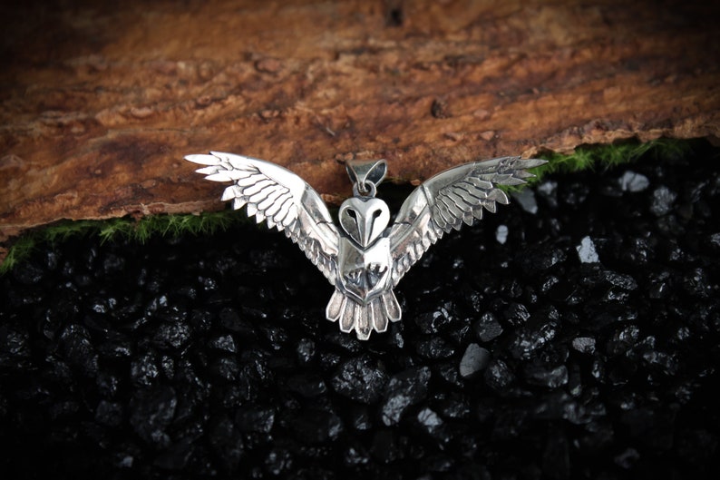 May include: A silver-colored owl pendant with outstretched wings. The pendant is detailed with feathers and a heart-shaped face. The owl is centered against a dark background with a wooden texture.