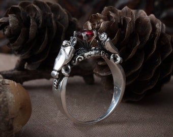 Handcrafted Sleeping Bat Ring, Sterling Silver, Garnet, Gothic Vampire Jewelry