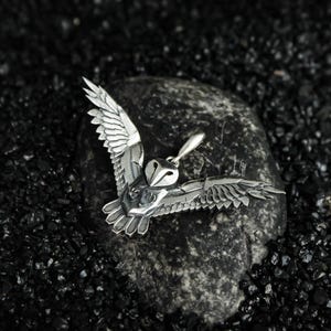 May include: A silver-colored owl pendant with outstretched wings, resting on a dark gray stone. The owl's wings and body are intricately detailed, showcasing a textured surface. The pendant is designed to appear as if the owl is in flight.