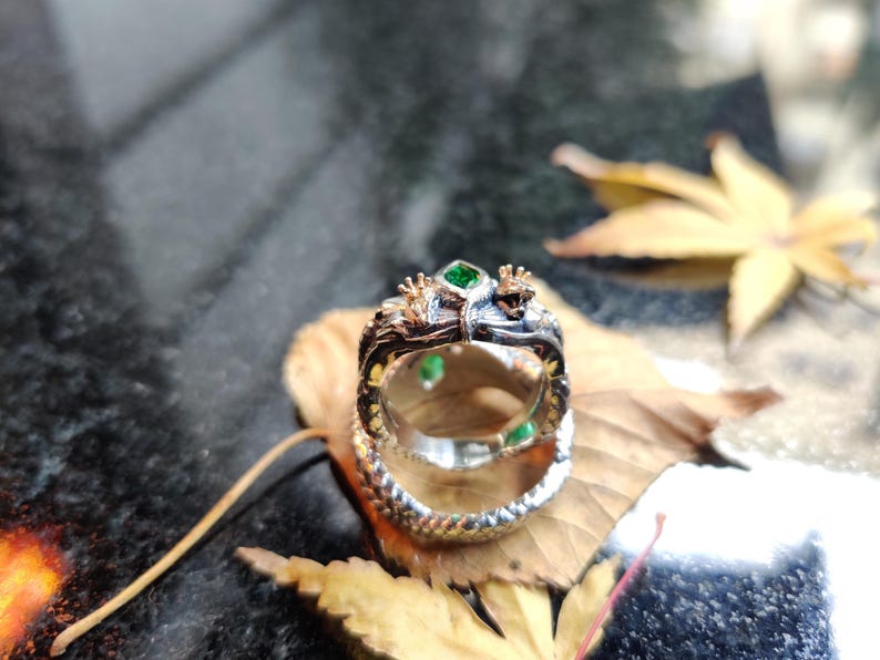 K&ouml;nnte beinhalten: Ein detaillierter Silberring mit einem Drachendesign, der gr&uuml;ne Edelsteine ​​aufweist. Der Kopf und der K&ouml;rper des Drachen umschlie&szlig;en den Ring, wobei die Edelsteine ​​in das Design eingesetzt sind. Der Ring wird auf einem Blatt pr&auml;sentiert.