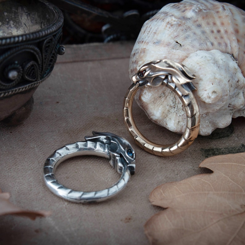 Puede incluir: Dos anillos con tem&aacute;tica de drag&oacute;n. Uno es plateado con un ojo de piedra azul, y el otro es dorado con un ojo de piedra roja. Los anillos est&aacute;n sobre un fondo neutro con una concha y una hoja.