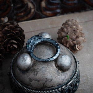 Puede incluir: Un anillo gris oscuro con un dise&ntilde;o de drag&oacute;n. La cabeza del drag&oacute;n presenta una piedra de color esmeralda como ojo. El anillo est&aacute; colocado sobre un recipiente plateado ornamentado, con pi&ntilde;as de fondo.