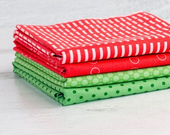 Paquete de media yarda de algodón acolchado rojo y verde: estampados geométricos y de lunares