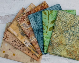 Conjunto de 7 piezas de cuartos de tela verde, azul y marrón: estampados geométricos botánicos