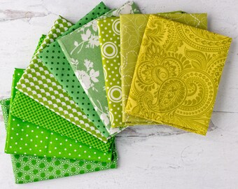 Paquete precortado Green Fat Quarter - 9 Fat Quarters - Stash Builder - 100% Algodón - Acolchado moderno