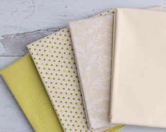 Paquete de cuartos de grasa verde y blanco cremoso - 4 cuartos de grasa - Algodón acolchado - Paquete precortado