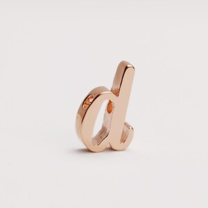 Könnte beinhalten: Ein roségoldener Buchstabe "d" Anhänger in einer Schreibschrift. Der Anhänger besteht aus glänzendem Metall und hat ein kleines Loch zum Auffädeln. Der Buchstabe wird vor einem weißen Hintergrund angezeigt.