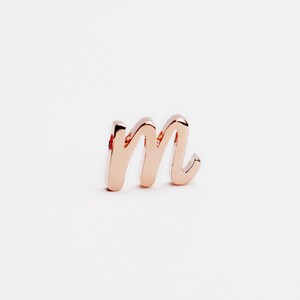 May include: A rose gold charm in the shape of the letter "m" in a cursive font.