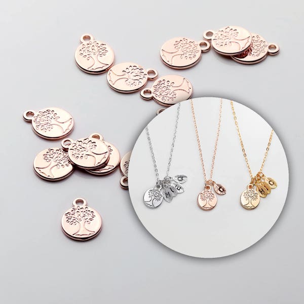 4pcs ROSEGOLD Family Tree Jewelry Charm Necklace Supply Coin Disc 4PCFT-R