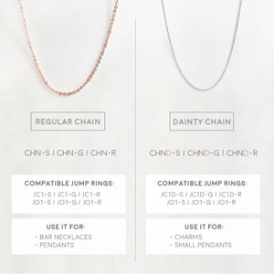 K&ouml;nnte beinhalten: Zwei Ketten, eine in Ros&eacute;gold und eine in Silber, mit Text, der die Kettenstile, kompatiblen Sprungringe und Verwendungszwecke f&uuml;r jede Kette beschreibt. Die ros&eacute;goldene Kette ist mit "Regular Chain" und die silberne Kette mit "Dainty Chain" beschriftet.