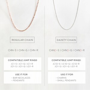 May include: Two gold chains, one regular and one dainty, with compatible jump rings. The regular chain is rose gold and the dainty chain is silver. The image includes text describing the chain types, compatible jump rings, and uses for each chain.