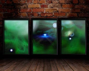 3 Print Set - Green Nebula - Art Print, Heavenfield, Dark Science-Fiction, Wall Decor, Gift, Wall Art, Digital Print (Prints Only)