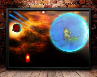 Blue Planet, Landscape, Space, Dark Science-Fiction, Wall Decor, Gift, Wall Art, Digital Print (Print Only)