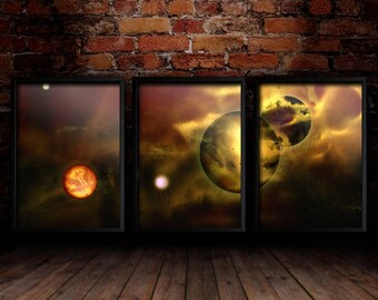 3 Print Set - Golden Planets - Art Print, Heavenfield, Dark Science-Fiction, Wall Decor, Gift, Wall Art, Digital Print (Prints Only)