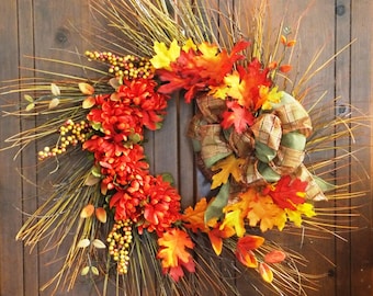 Fall Twig Wreath-Autumn Twig Wreath with Orange Mums, Autumn Leaves, Berries and a Plaid Bow