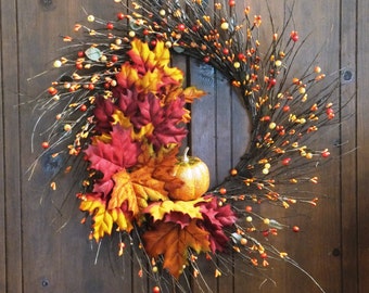 Fall Twig Wreath-Autumn Twig Wreath with Autumn Leaves, Orange Berries and a Pumpkin