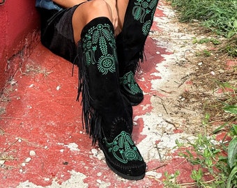 DESIRE black - Goat suede embroidered boots - Boots with fringes and embroidery - Women's shoes - Handmade - Women's shoes - Ibiza